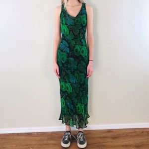 Vintage 90’s Rayon Green/Black Floral Dress